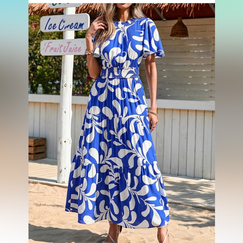 Elegant Blue and White Patterned Maxi Dress